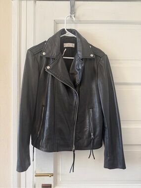 Mango Black Leather Moto Jacket with Zip Details